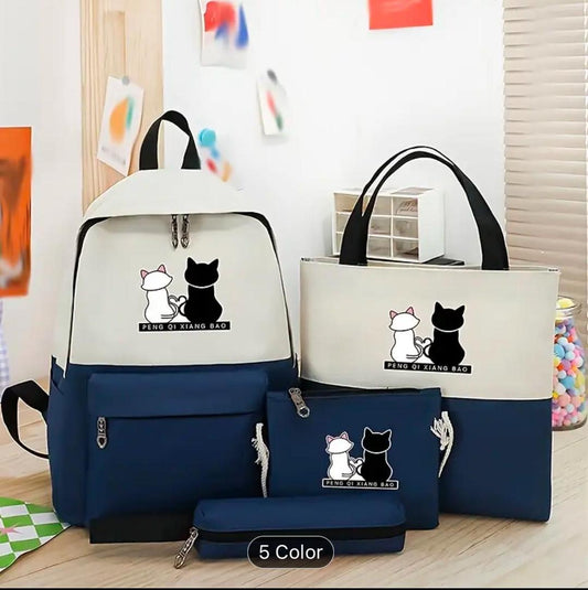 Cute Cat Print 5-in-1 School Bag Set for Girls – Backpack, Handbag, Crossbody Pouch, Pencil Case & Lunch Bag Stylish Combo black