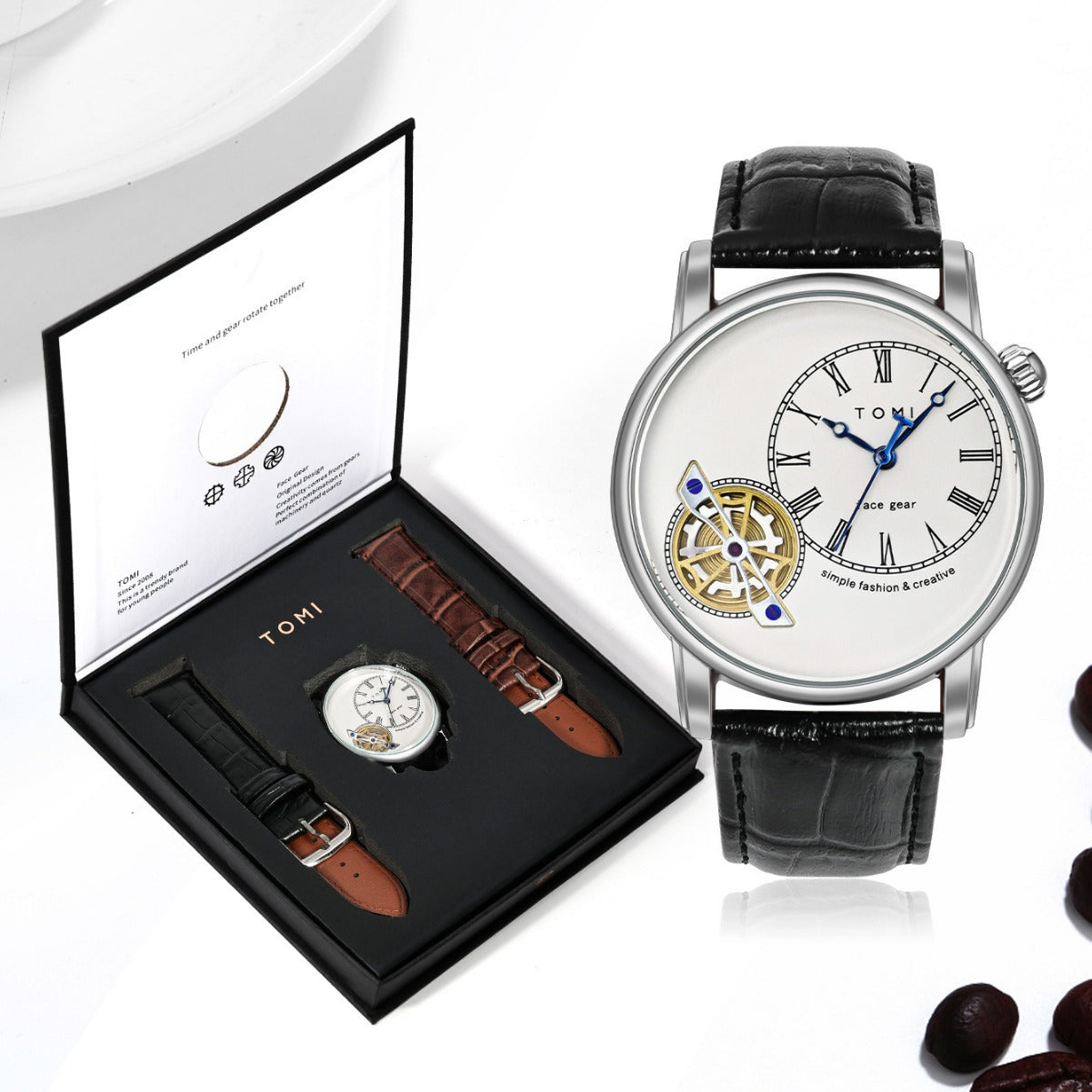 Men's Watch Analog Leather Wrist Watch – Elegant Quartz Watch with Double Strap & 3ATM Waterproof ( Random Color )