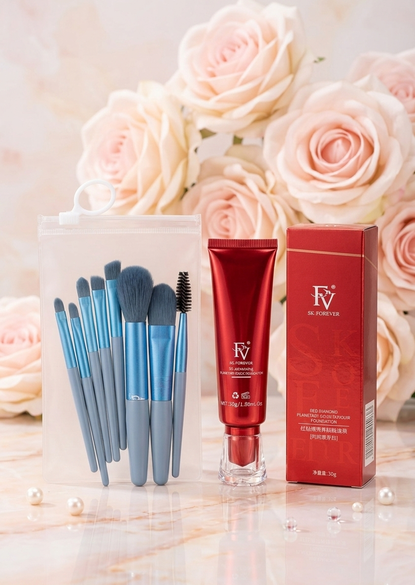 FV Foundation With 8 Pcs Makeup Brush Set – Full Coverage Face Makeup Kit For Women